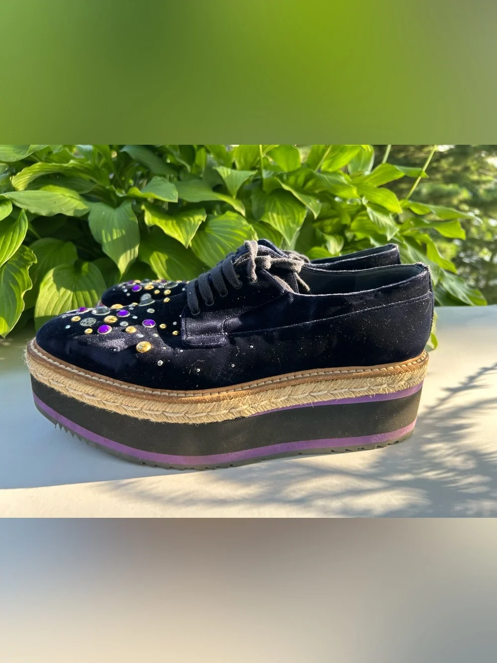 PRADA Velvet Platform Oxford Espadrille Embellished Crystals Shoes Size 40
